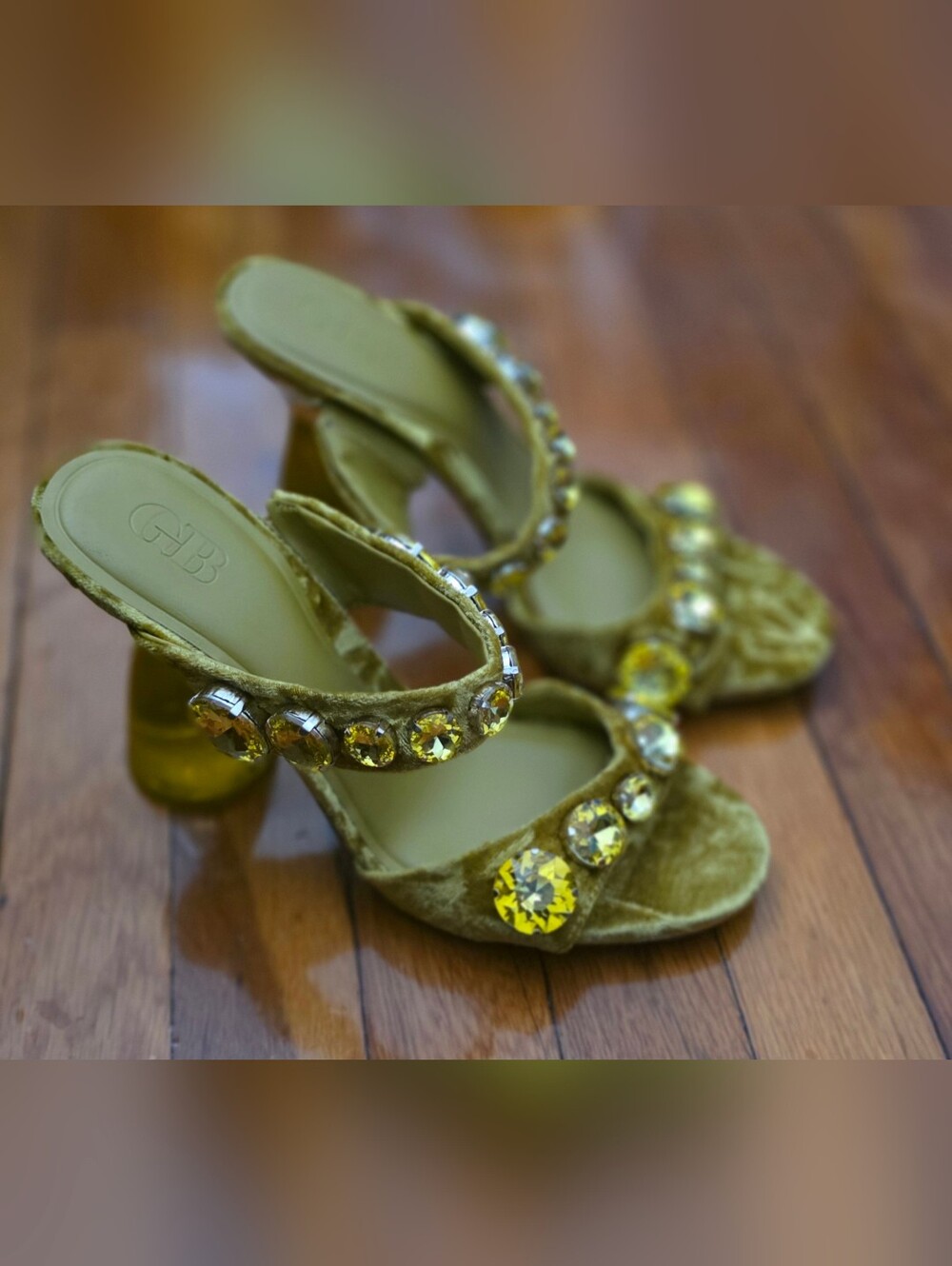 Gianni Bini Gold Velvet Jeweled Block Heel Sandals - Picture 5 of 6